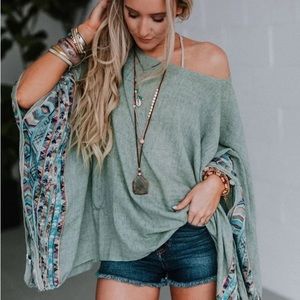 Sage embroidered sleeve poncho